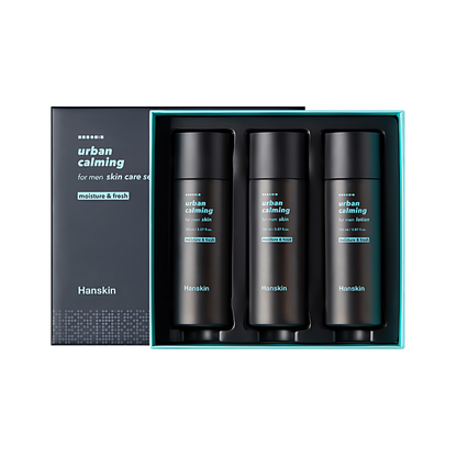Hanskin Urban Calming For Men Skincare Set: A collection designed to soothe and refresh men's skin in urban environments.