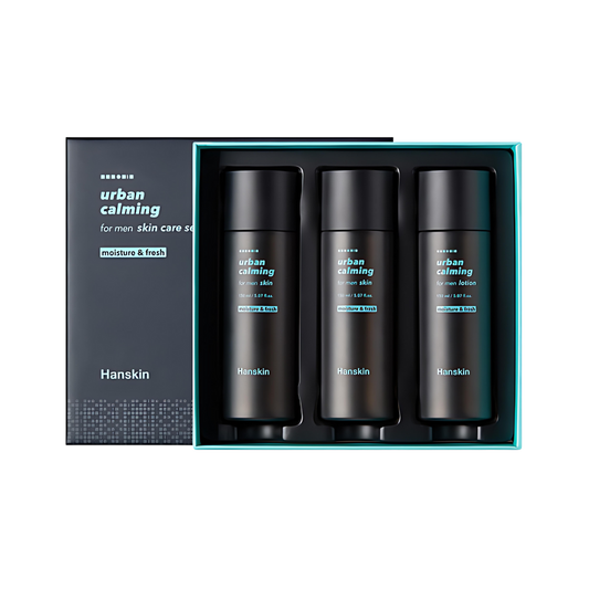 Hanskin Urban Calming For Men Skincare Set: A collection designed to soothe and refresh men's skin in urban environments.