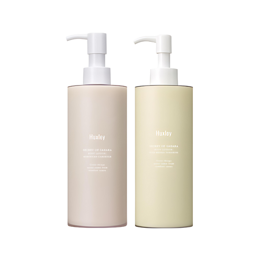 Huxley Body Lotion 300ml bottle featuring a sleek design, ideal for moisturizing and nourishing the skin effectively.