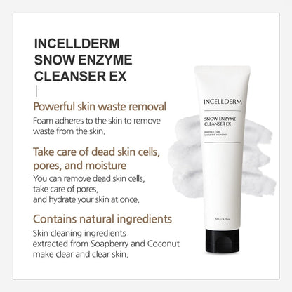 INCELLDERM Snow Enzyme Cleanser 120g - Effectively removes makeup, dirt, and excess oil without stripping the skin of its natural moisture.