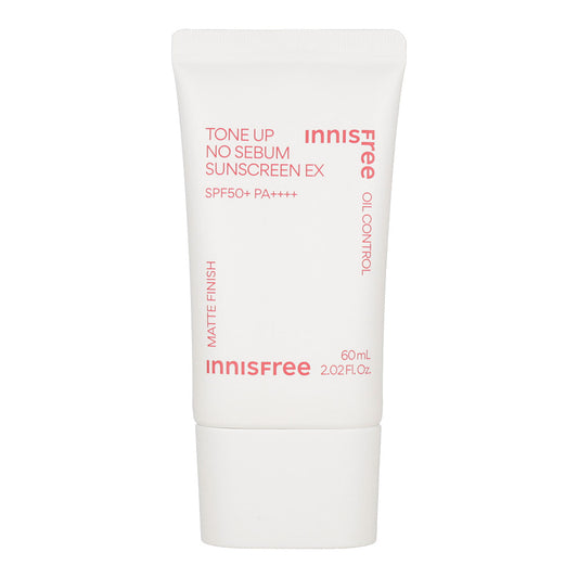 Innisfree Tone Up No Sebum Sunscreen EX SPF50+ PA++++ 60ml tube with white and green packaging.