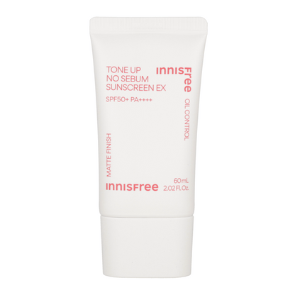 60ml tube of Innisfree Tone Up No Sebum Sunscreen EX SPF50+ PA++++, with white and green packaging.