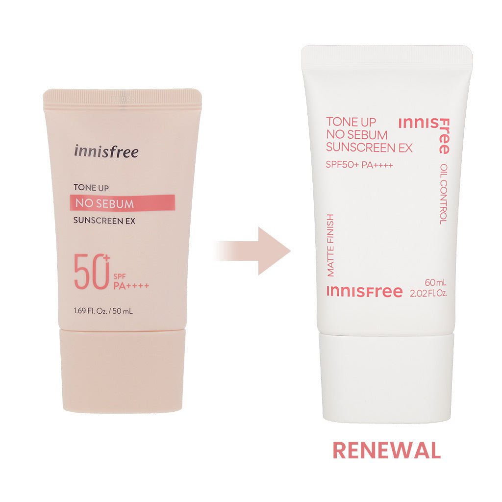White and green 60ml tube of Innisfree Tone Up No Sebum Sunscreen EX SPF50+ PA++++.
