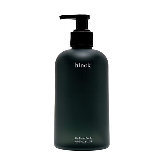 Jeju Hinoki Cypress Hand Wash 450ml bottle featuring a sleek design, ideal for gentle cleansing and refreshing scent.