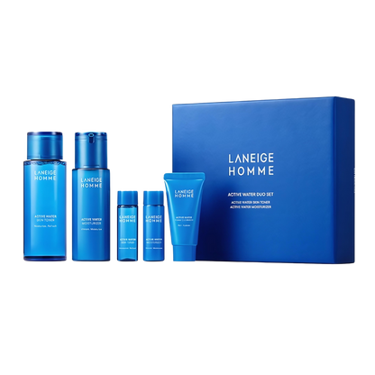 Two types of Laneige Homme Active Water products displayed, showcasing their sleek packaging and hydrating benefits for men.