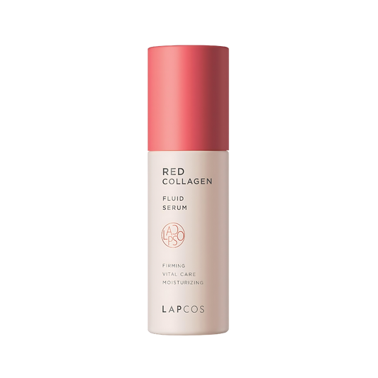 A 80ml bottle of LAPCOS Red Collagen Fluid Serum, a skincare product designed to hydrate and rejuvenate the skin.