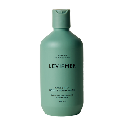 LEVIEMER Bakuchiol Body & Hand Wash 300ml bottle featuring a sleek design, ideal for nourishing skin during cleansing.