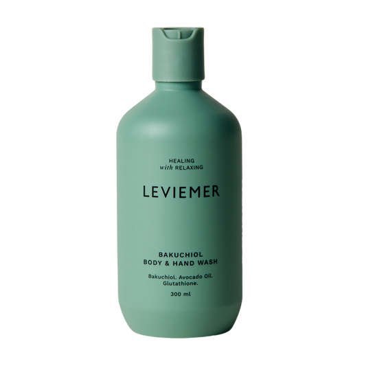 LEVIEMER Bakuchiol Body & Hand Wash 300ml bottle featuring a sleek design, ideal for nourishing skin during cleansing.