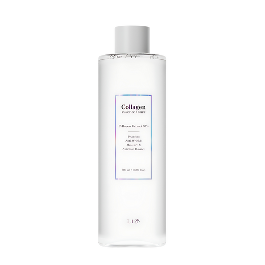 LIZ K Collagen Essence Toner 500ml bottle, designed to enhance skin hydration and elasticity for a youthful appearance.