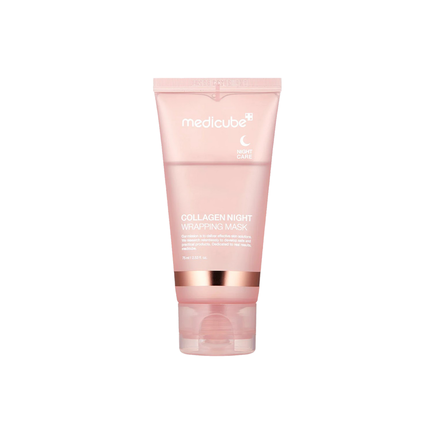 A 75ml tube of MEDICUBE Collagen Night Wrapping Mask, designed to hydrate and rejuvenate skin while you sleep.