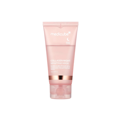 A 75ml tube of MEDICUBE Collagen Night Wrapping Mask, designed to hydrate and rejuvenate skin while you sleep.
