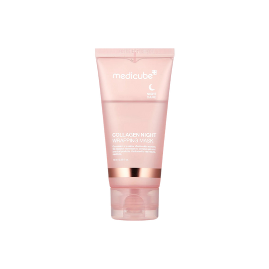A 75ml tube of MEDICUBE Collagen Night Wrapping Mask, designed to hydrate and rejuvenate skin while you sleep.