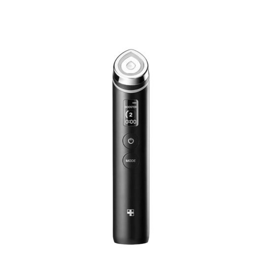 The Medicube AGE-R Booster Pro, a white bottle with black lettering, displayed against a plain, white backdrop.