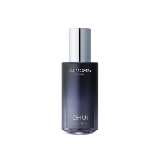 50ml O HUI Age Recovery Essence in a luxurious bottle with gold accents, displayed on a white surface.