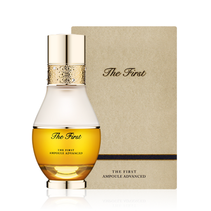 A bottle of O HUI The First Geniture Ampoule Advanced essence oil on a white background.A bottle of O HUI The First Geniture Ampoule Advanced essence oil on a white background.