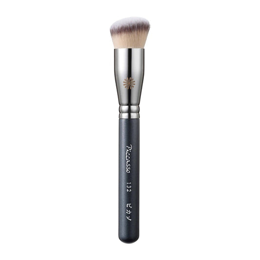A flat, tapered foundation brush with synthetic bristles for smooth and even application.