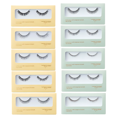A collection of 10 types of PICCASSO Eyeme Fale Eyelashes, each in a 1g package, showcasing diverse styles for enhanced beauty.