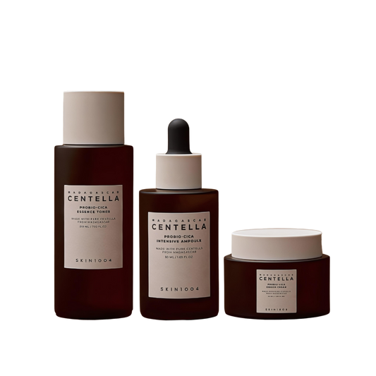 Set of SKIN1004 Probio Cica Toner, Ampoule, and Cream in 210ml, 50ml, and 50ml sizes.