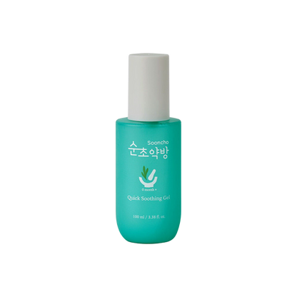 A 100ml bottle of Sooncho Quick Soothing Gel, ideal for fast relief and calming effect on skin.