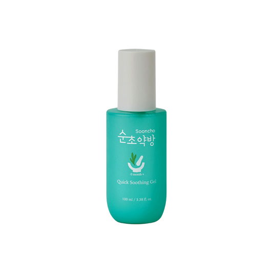 A 100ml bottle of Sooncho Quick Soothing Gel, ideal for fast relief and calming effect on skin.