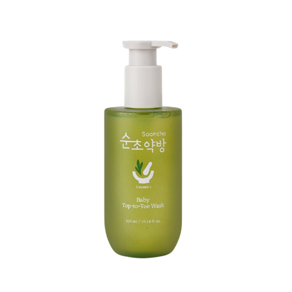 300ml Sooncho Top to Toe Wash in a clear plastic bottle with a green label.