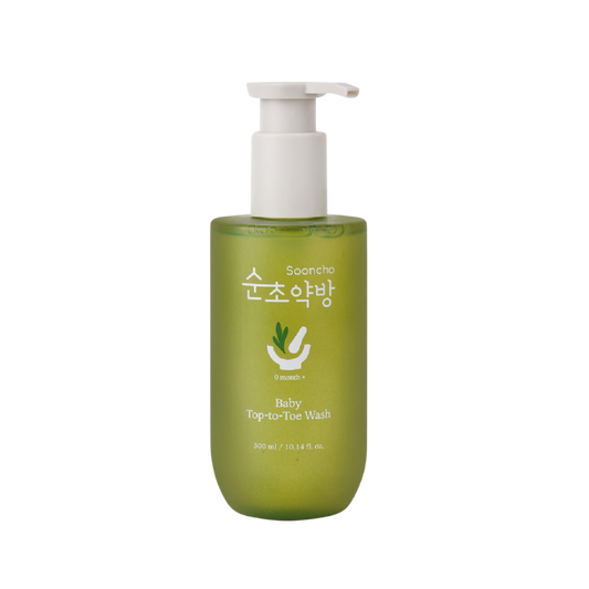 300ml Sooncho Top to Toe Wash in a clear plastic bottle with a green label.
