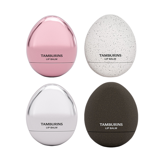 TAMBURINS Egg Lip Balm with tamarinds, a beauty blender, and 4 types of lip balm.