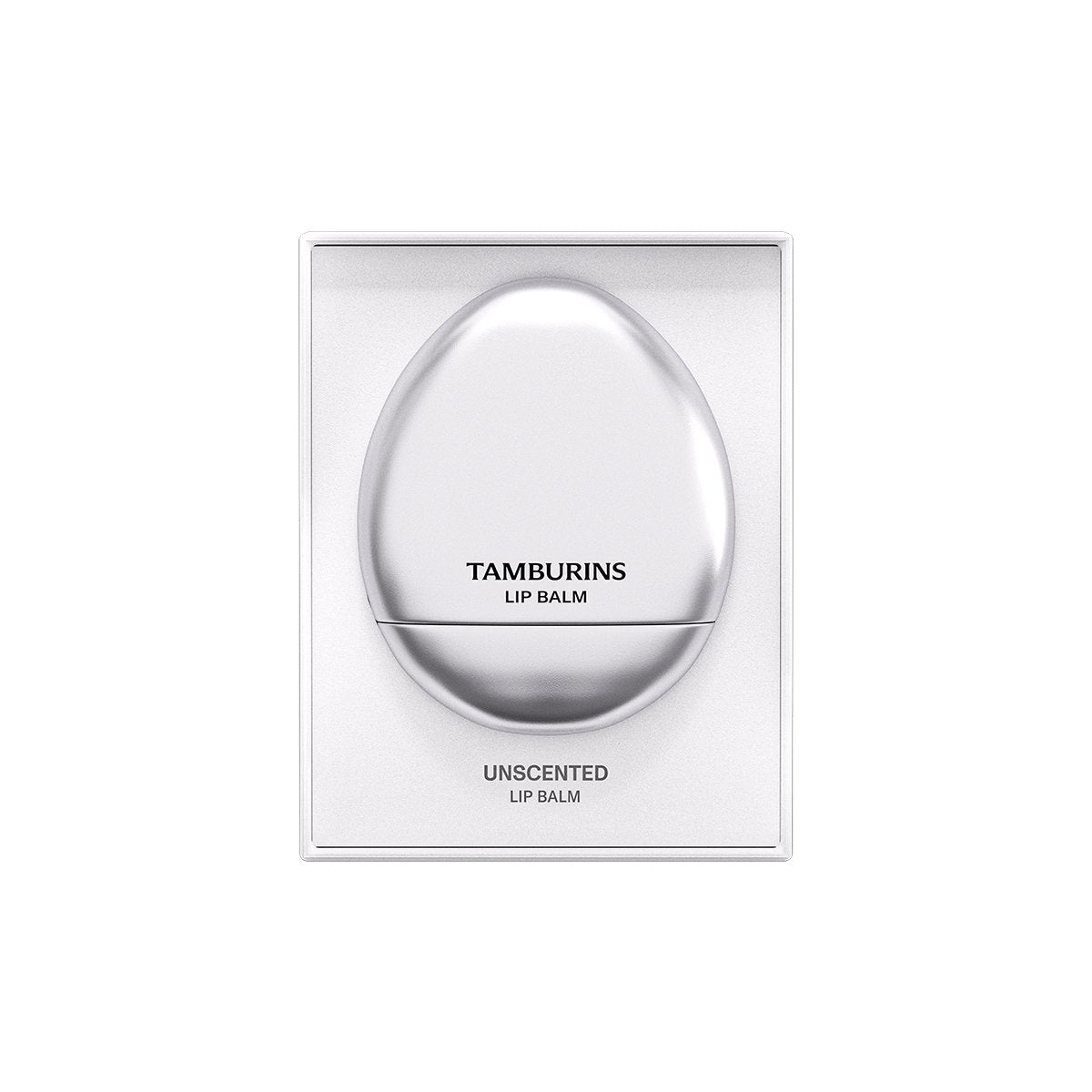 A white container with TAMBURINS Egg Lip Balm, perfect for keeping your lips moisturized and protected.