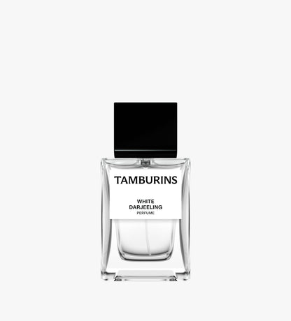 White TAMBURINS Perfume bottle containing Darjeeling fragrance, in 11ml or 50ml options.