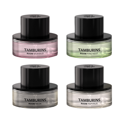 A bottle of TAMBURINS eau de parfum with a label that reads 'TAMBURINS Room Spray 90ml'.