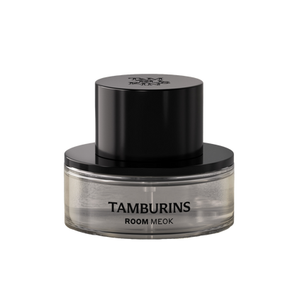 A 90ml bottle of TAMBURINS Room Spray in black packaging, emitting a luxurious perfume scent.