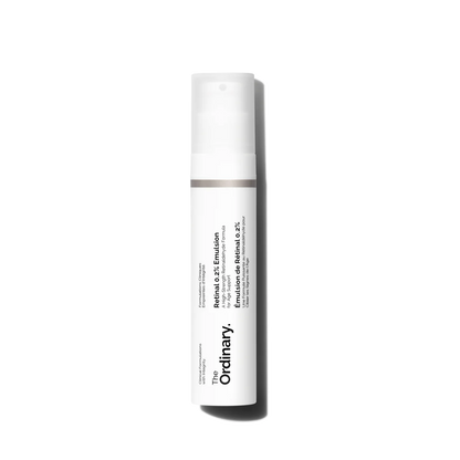 A 15ml bottle of The Ordinary Retinal 0.2% Emulsion, a skincare product for improving skin texture and reducing signs of aging.