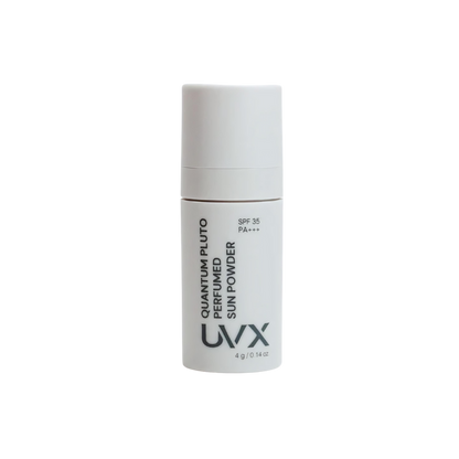 UVX Quantum Pluto Perfume Sun Powder SPF35 PA+++ 4g in compact packaging.
