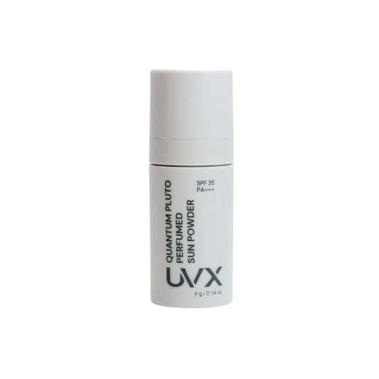UVX Quantum Pluto Perfume Sun Powder SPF35 PA+++ 4g in compact packaging.