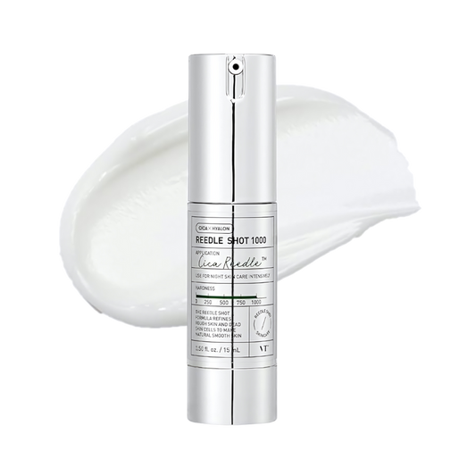 Small 15ml bottle of VT Cosmetics Cica Reedle Shot, featuring a sleek design and soothing skincare formula.