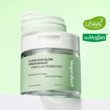 Veganifect Clean And Glow Green Barley First LHA Toner Pad 60 sheets