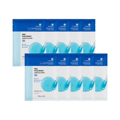 WELLAGE Real Hyaluronic Ampoule Mask set of 10, each 20ml, designed for deep hydration and skin rejuvenation.