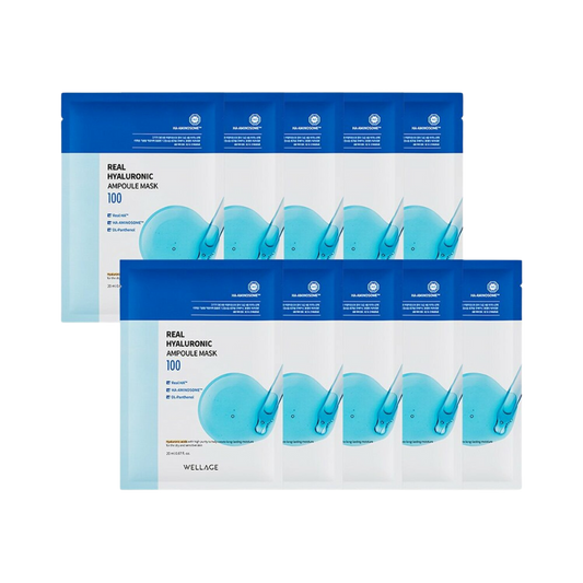 WELLAGE Real Hyaluronic Ampoule Mask set of 10, each 20ml, designed for deep hydration and skin rejuvenation.