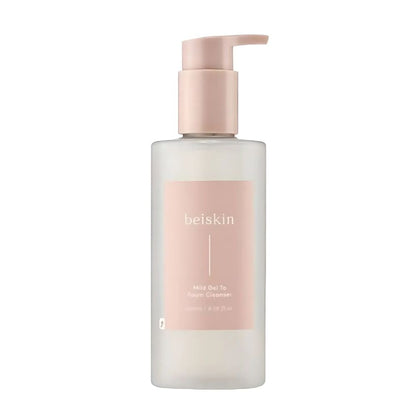 beiskin Mild Gel To Foam Cleanser 200ml, a gentle cleanser that transforms from a soft gel to a rich foam, effectively removing impurities and makeup while maintaining the skin's natural moisture balance. 