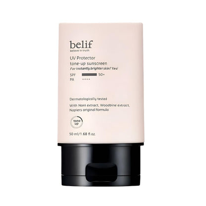 The belif UV Protector Tone-Up Sunscreen (50ml) is a versatile sunscreen that not only offers powerful sun protection but also enhances your complexion with a natural tone-up effect. 
