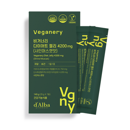 A box of d'Alba Veganery Diet Jelly in Shine Muscat Flavor, containing 4200mg. Each box has 7 packets of 20g each.