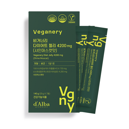 A box of d'Alba Veganery Diet Jelly in Shine Muscat Flavor, containing 4200mg. Each box has 7 packets of 20g each.
