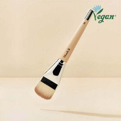It features a flat, slightly tapered brush head with high-quality, dense bristles that ensure smooth, even distribution of liquid or cream foundations.