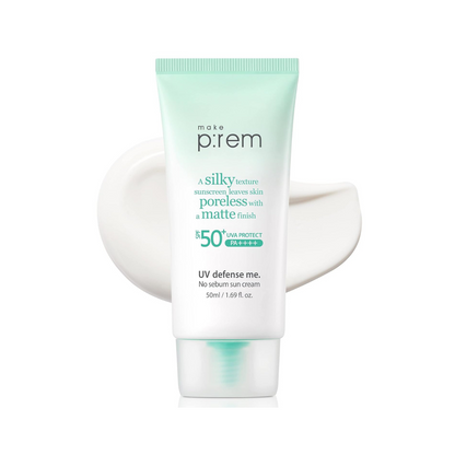 The make p:UV Defense Me. No Sebum Sun Cream SPF50+ PA++++ 50ml is a lightweight sunscreen designed to provide high sun protection while controlling excess oil and minimizing shine.
