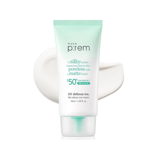 The make p:UV Defense Me. No Sebum Sun Cream SPF50+ PA++++ 50ml is a lightweight sunscreen designed to provide high sun protection while controlling excess oil and minimizing shine.