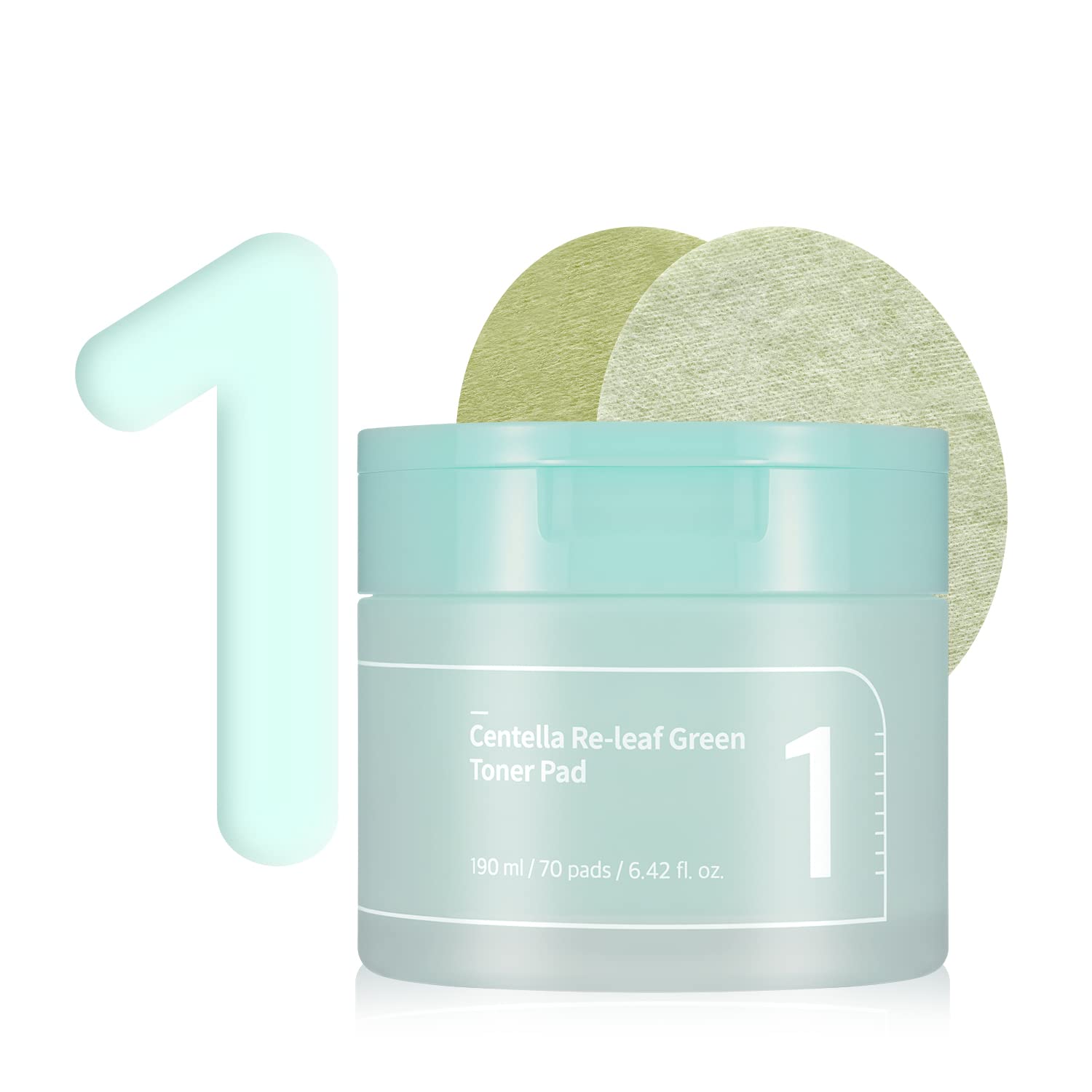 Numbuzin No.1 Centella Re-leaf Green Toner Pad 190ml (70 pads) on white background.
