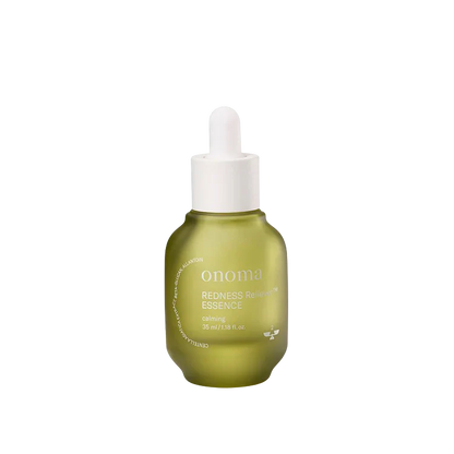 A 35ml bottle of onoma REDNESS Reliever™ Essence, designed to reduce redness on the skin.