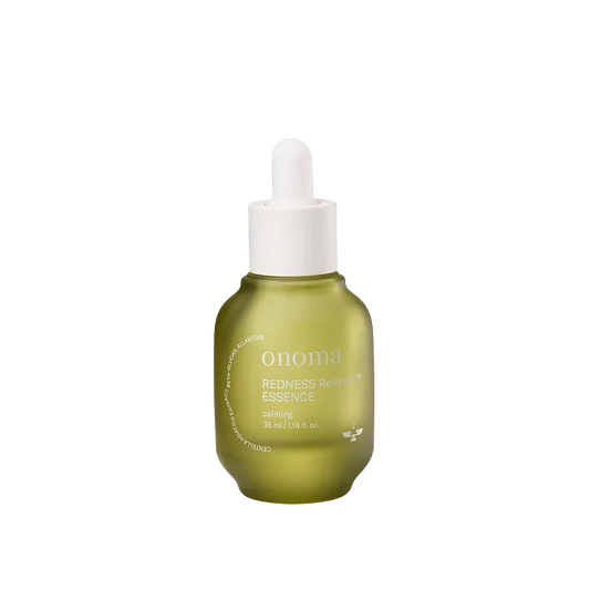 A 35ml bottle of onoma REDNESS Reliever™ Essence, designed to reduce redness on the skin.
